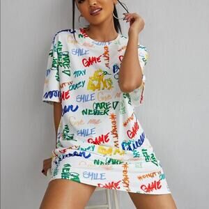 NEW SHEIN White Green Blue Red Graphic Print Drop Shoulder Tee Shirt Dress S